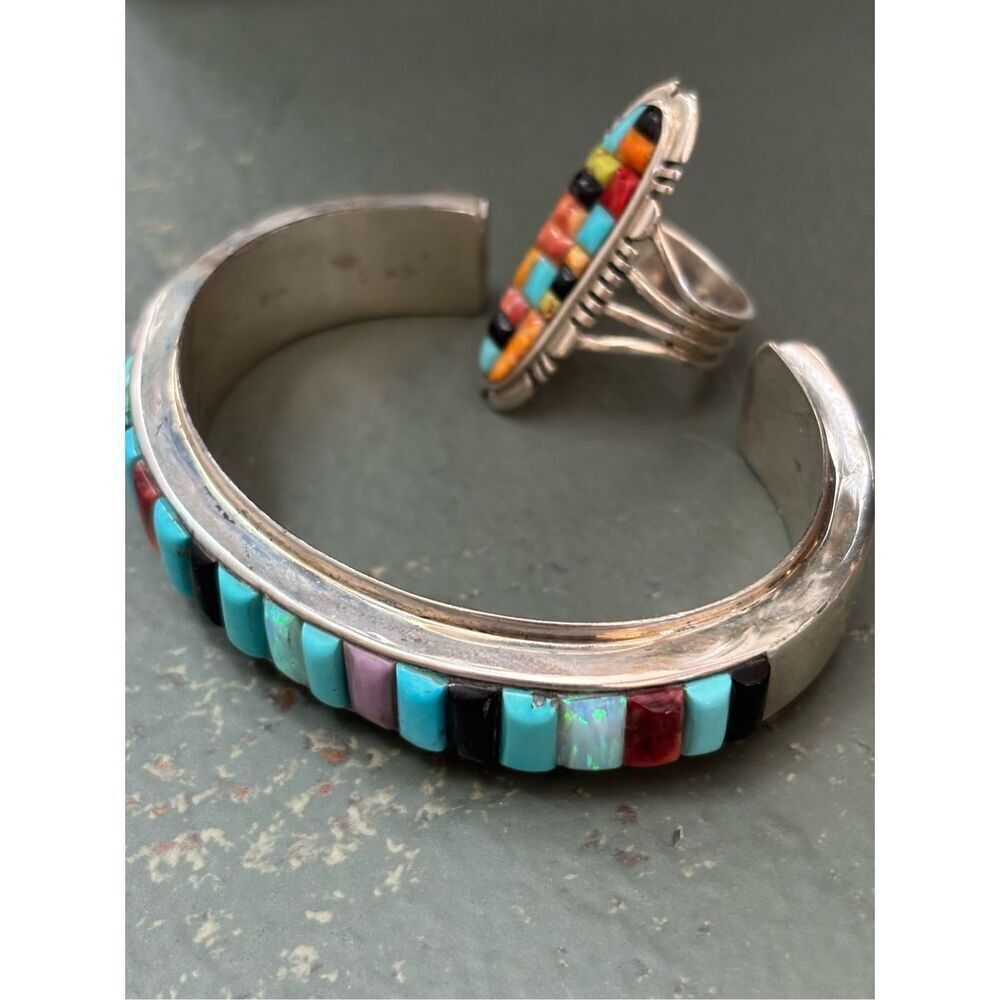 Vintg Thomas Singer navajo turquoise silver 5 pc necklace ring bracelet earrings - Picture 7 of 14
